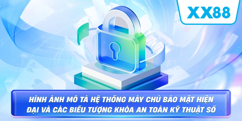 Hình ảnh mô tả hệ thống máy chủ bảo mật hiện đại và các biểu tượng khóa an toàn kỹ thuật số